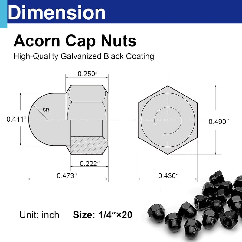 Usdrwam 40Pcs 1/4"-20 Acorn Cap Nuts, Zinc Plating-Black Hex Head Acorn Cap Nuts, Stainless Steel 18-8 (304) Hexagon Dome for Indoor Outdoor - Image 2